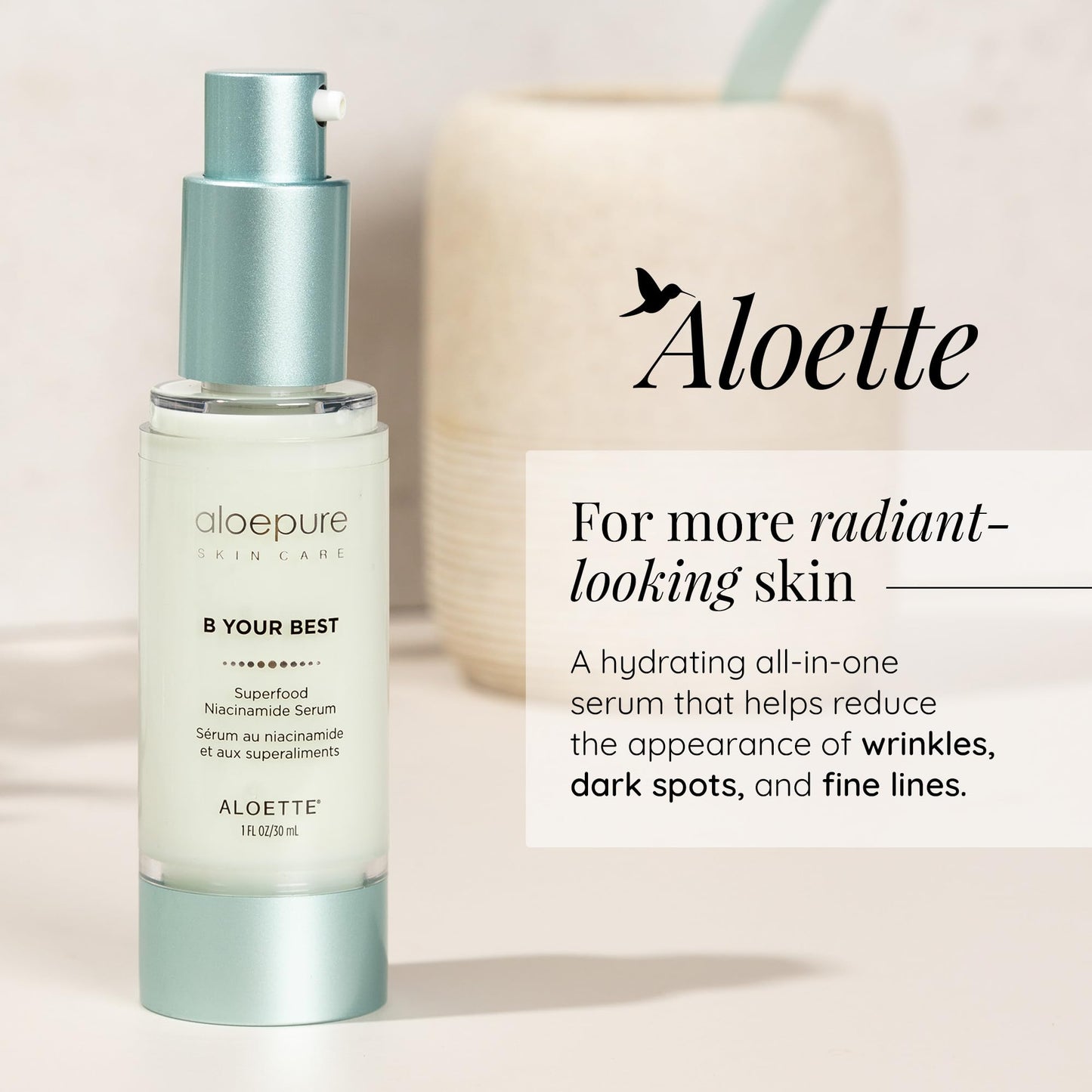 Aloette Superfood Niacinamide Serum for Face, B Your Best - Anti-Aging Pore Minimizer, Even Skin Tone & Dark Spot Corrector - Moisturizing Facial Serum with Vitamin C & Blend of Kale, Spinach & Aloe