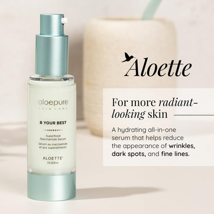 Aloette Superfood Niacinamide Serum for Face, B Your Best - Anti-Aging Pore Minimizer, Even Skin Tone & Dark Spot Corrector - Moisturizing Facial Serum with Vitamin C & Blend of Kale, Spinach & Aloe