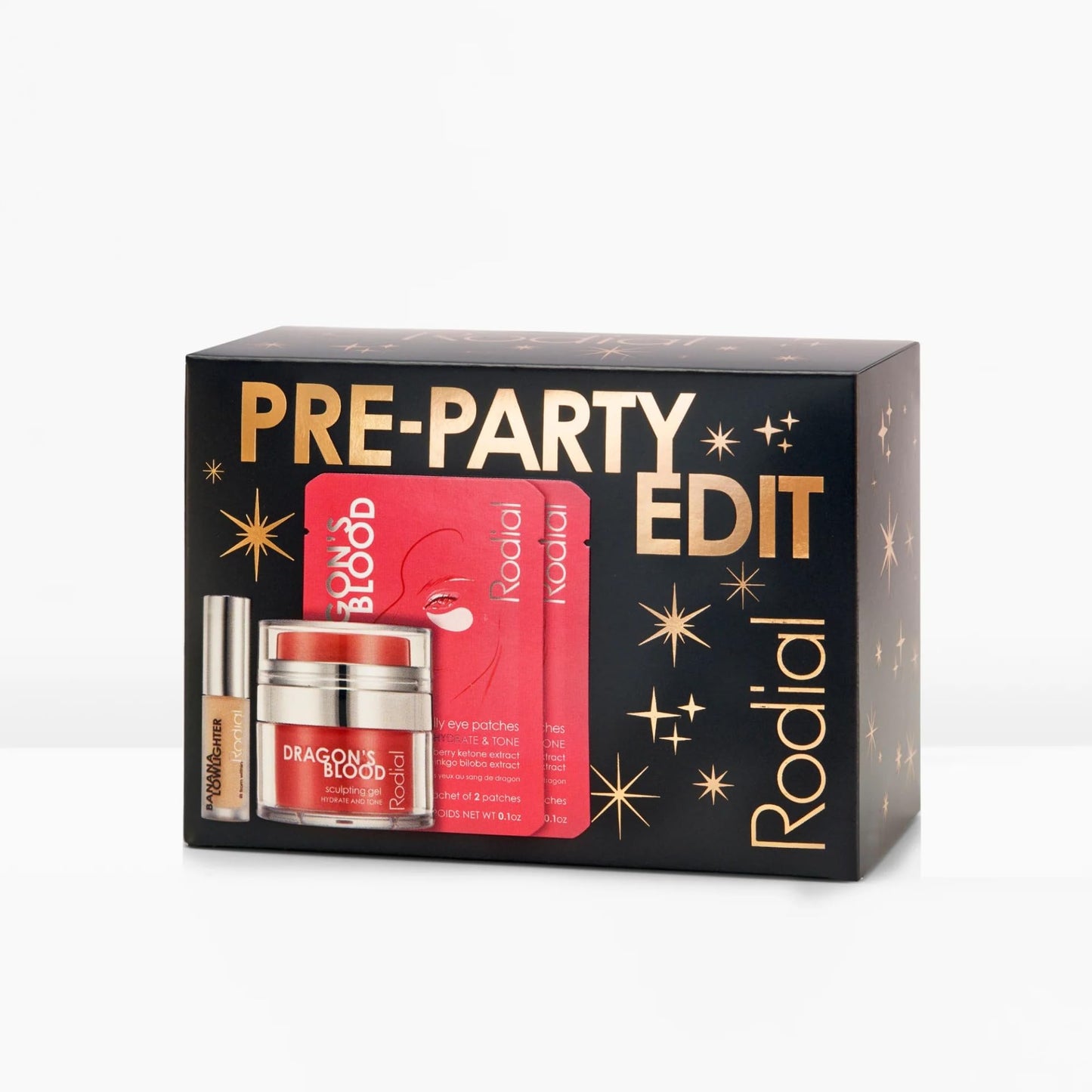 Rodial Pre-Party Edit - Holiday Skincare & Makeup Gift Set with Banana Lowlighter 0.07 oz, Dragon’s Blood Sculpting Gel 0.30 fl. oz & 2x Dragon’s Blood Eye Patches - Radiant Glow