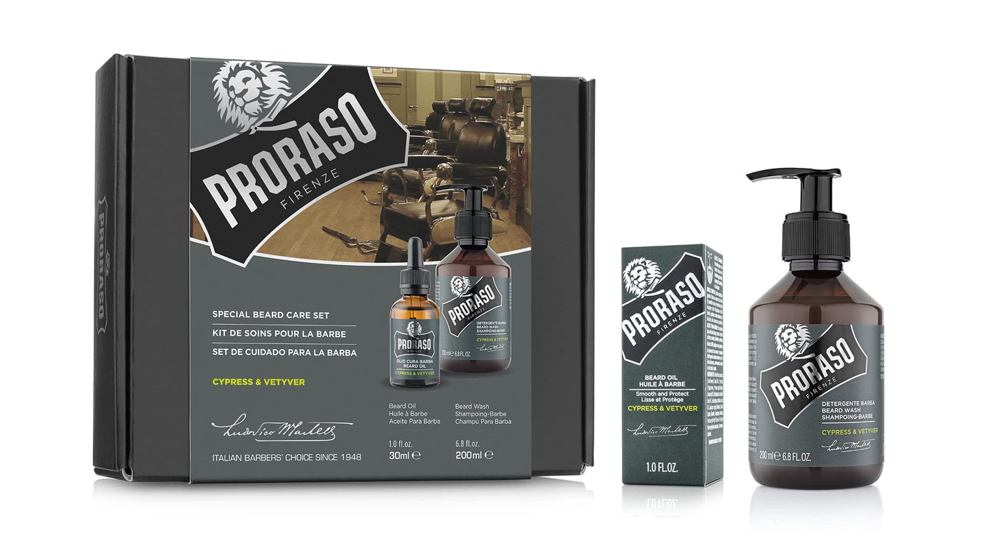 Proraso Cypress and Vetyver Beard Care Duo Kit - Beard Wash and Oil with Fresh, Earthy Scent for Long or Full Beards - Premium Italian Gift Set for Men