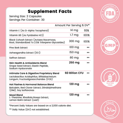 Menopause Supplement for Women : Hormone-Free Probiotic with Black Cohosh & Ashwagandha Support for Hot Flashes Mood Balance & Skin Health 60 Capsules