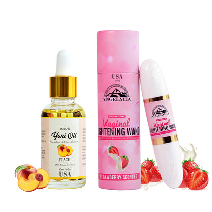 ANGELYCIA Ultimate Feminine Rejuvenation Combo, Virginity Wand Strawberry and Feminine Yoni Detox Oil Peach, Vaginal Tightening Solution, Restores pH Balance for Women
