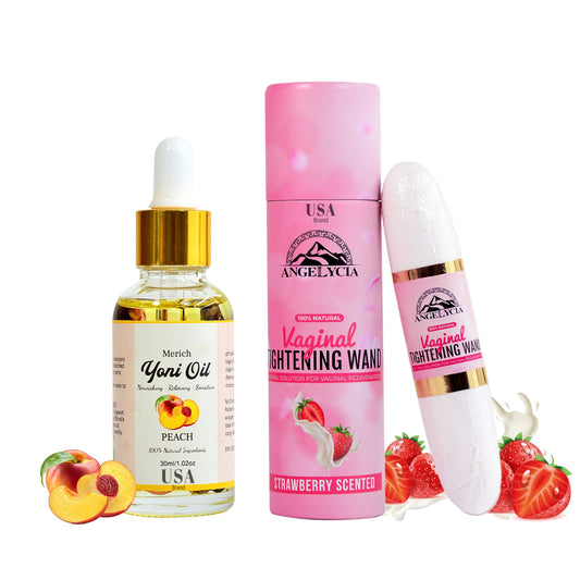 ANGELYCIA Ultimate Feminine Rejuvenation Combo, Virginity Wand Strawberry and Feminine Yoni Detox Oil Peach, Vaginal Tightening Solution, Restores pH Balance for Women