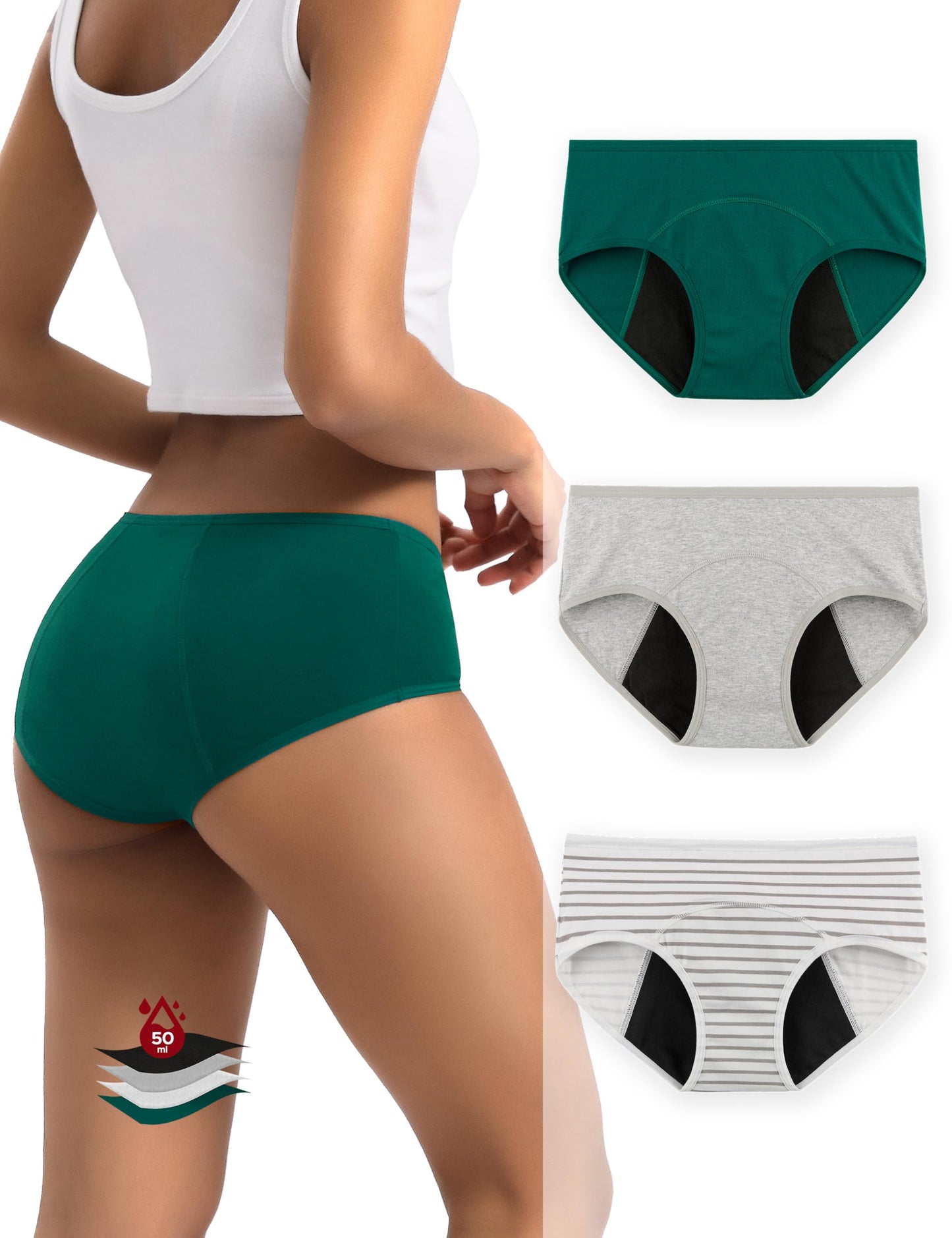 INNERSY Heavy Flow Period Underwear for Women Teens, Leak-Proof Menstrual Cotton Protective Hipster Panties 3-Pack
