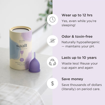 Saalt Soft Menstraul Cup Bundle - Reuseable Soft Period Cup in Mountain Iris, Size Regular + pH-Balancing Saalt Wash - Sustainable & Easy to Clean Period Care