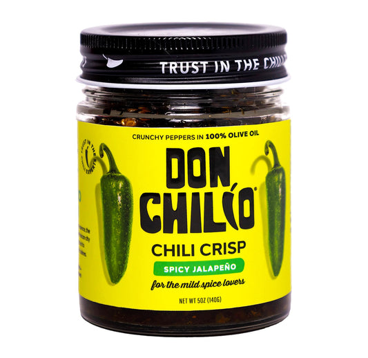 Don Chilio Mild Jalapeno Mexican Chile Crisp, 5 oz. – Crunchy Sliced Jalapenos Fried Chili Peppers in Hot Seasoned 100% Olive Oil – Keto-Friendly, Vegan, Gluten Free