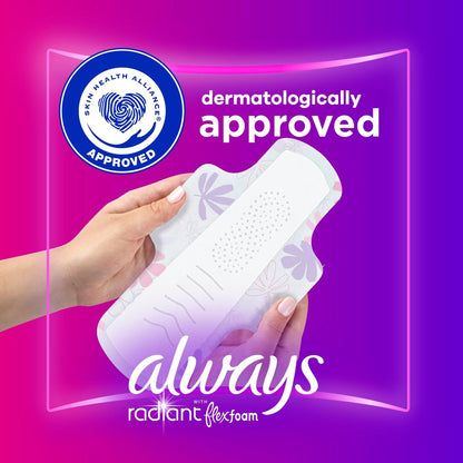 Always Radiant Feminine Pads for Women, Flexfoam Pads with Wings, Size 2, Heavy Absorbency, Lightly Scented, 78 Count (3 Packs of 26)