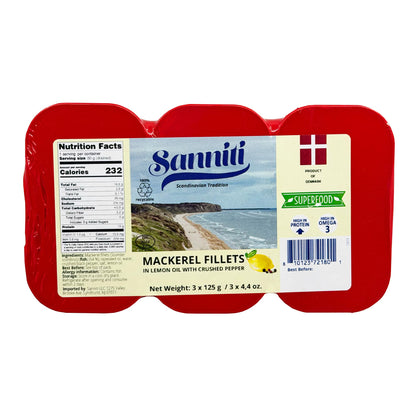 Sanniti Mackerel Fillets in Lemon Oil with Crushed Pepper | Super Food | High in Protein | High in Omega 3, 4.4 oz (Pack of 3)