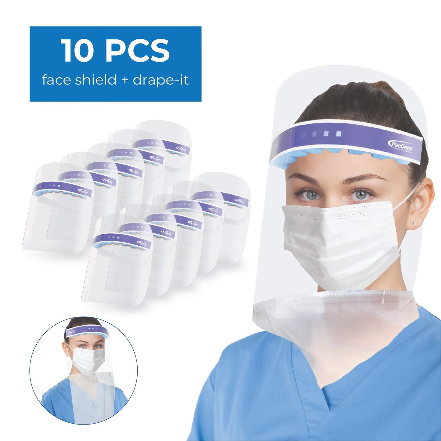 Pac-Dent S010-A iShield Disposable Face Shield with Drape-It Cover, Anti-Fog Coating, Lightweight and Comfortable, Pack of 10