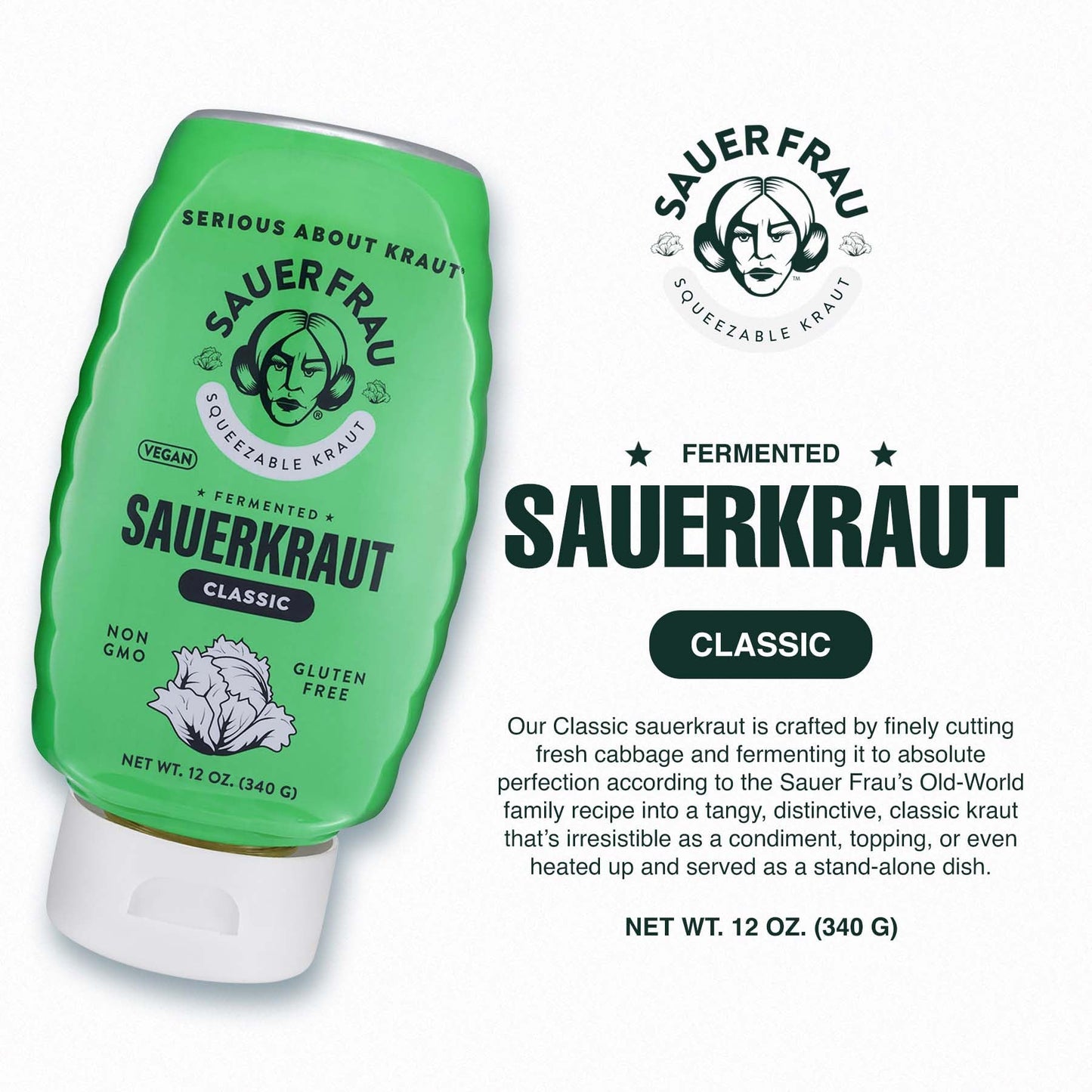 Sauer Frau - Squeezable Sauerkraut - Classic Flavor, Tangy Crisp, Fermented Cabbage, Bold Taste, Easy Squeeze Bottle - 12oz