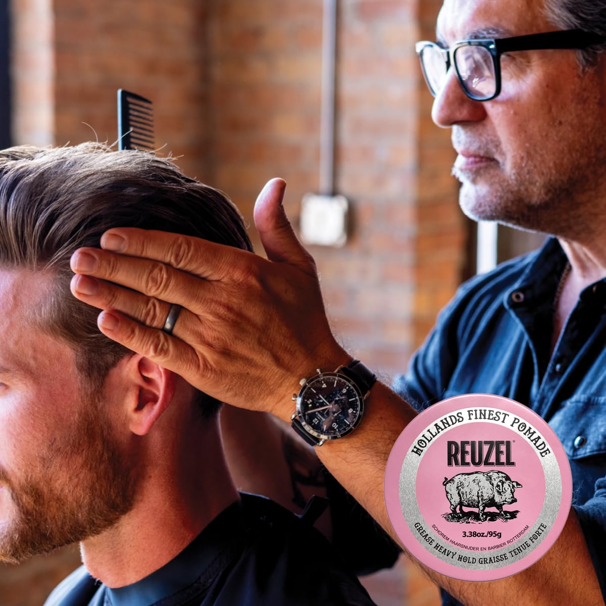 REUZEL Pink Grease Pomade, Strong All Day Hold, Oil-Based Styling Wax, Medium Shine, Easy To Wash Out, For All Hair Types