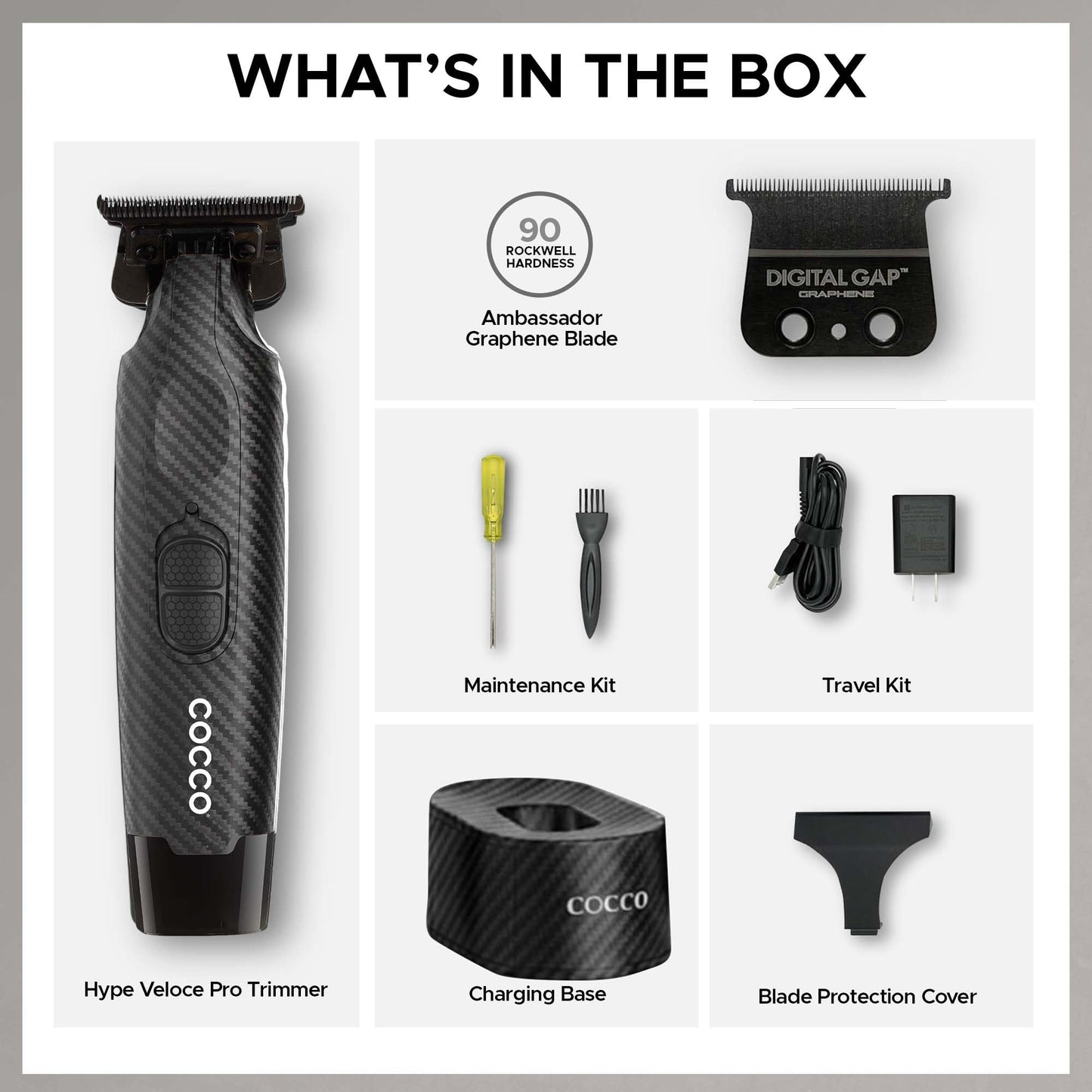Cocco Hyper Veloce Pro Trimmer, Digital Gap Graphene Blade Edger, High-Torque Brushless BLDC Motor, Cordless, All-Metal Design, Lithium-Ion Battery, Charging Base Included (Carbon Fiber)