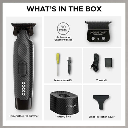 Cocco Hyper Veloce Pro Trimmer, Digital Gap Graphene Blade Edger, High-Torque Brushless BLDC Motor, Cordless, All-Metal Design, Lithium-Ion Battery, Charging Base Included (Carbon Fiber)