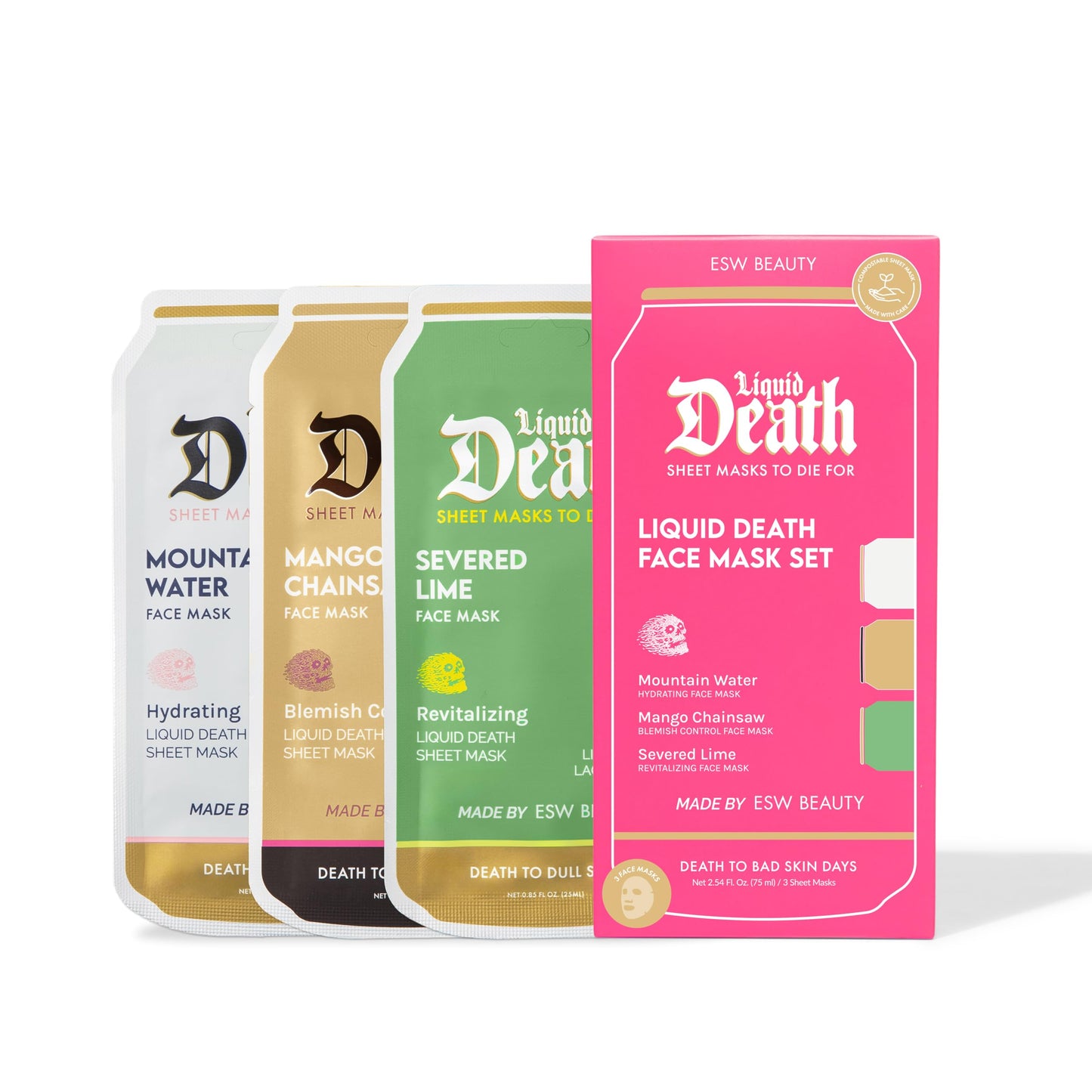 ESW Beauty Liquid Death x Limited Edition Face Mask Set (3-Pack) - Hydrating, Revitalizing & Cleansing Skin - Includes Mountain Water, Severed Lime & Mango Chainsaw