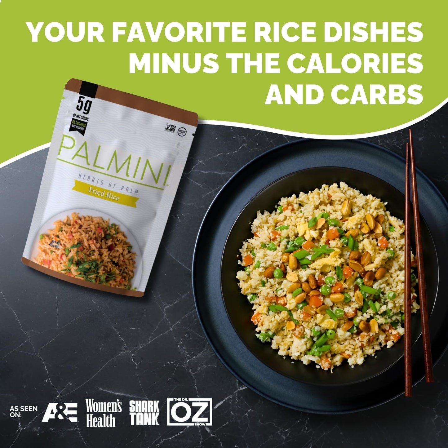 Palmini Fried Rice | Low-Carb, Low-Calorie Hearts of Palm Rice | Keto, Gluten Free, Vegan, Non-GMO | As seen on Shark Tank | (8 Ounce Pouch - Pack of 6)