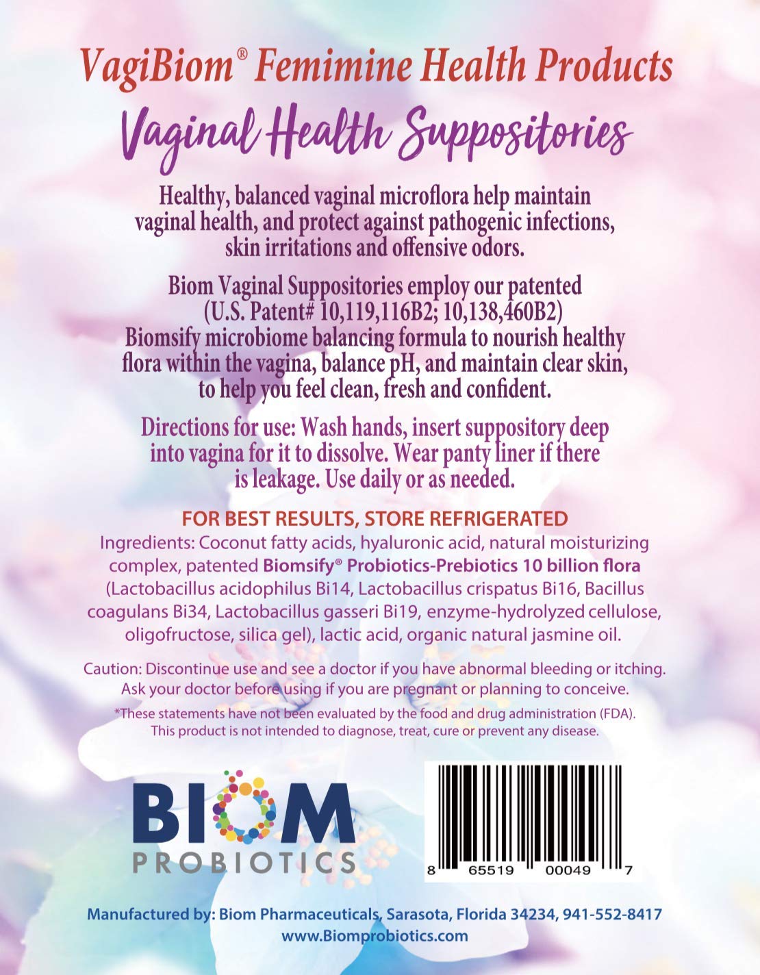 Biom Probiotic Suppository: Natural Vaginal pH and Odor Control Regimen; Balance and Nourishes Vaginal Microbiome; No Parabens (30)