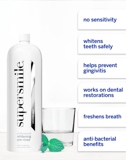 Supersmile Whitening Pre-Rinse - Clinically Formulated Pre-Brush Dental Mouthwash, Cleans and Whitens Teeth in Hard-to-Reach Places - Fresh Breath - Anti-Germicidal - Alcohol-Free (16 Fl Oz)