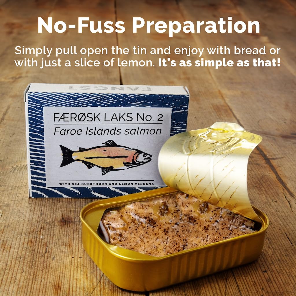 Fangst Faerosk Laks No.2 | Tinned Faroe Islands Salmon with Sea Buckthorn and Lemon Verbena | 3 x 110g