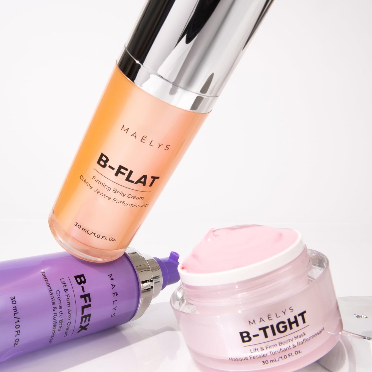 MAËLYS CARRY-ON ESSENTIALS - Firming Cream Trio for Booty, Belly & Arms - Includes B-TIGHT, B-FLAT & B-FLEX Travel Minis - Helps Improve the look of Stretch Marks & Cellulite (1.0 Fl Oz)