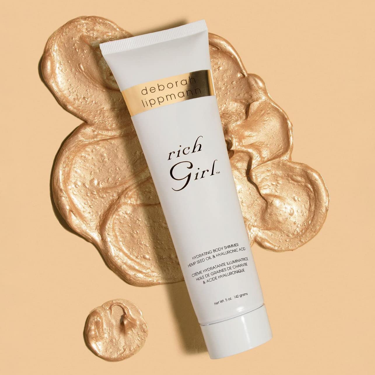 Deborah Lippmann Rich Girl Hydrating Body Shimmer |Highlighter | Body Glow | Luminizer | Illuminating Lotion with Hemp Seed Oil & Hyaluronic Acid, 5oz