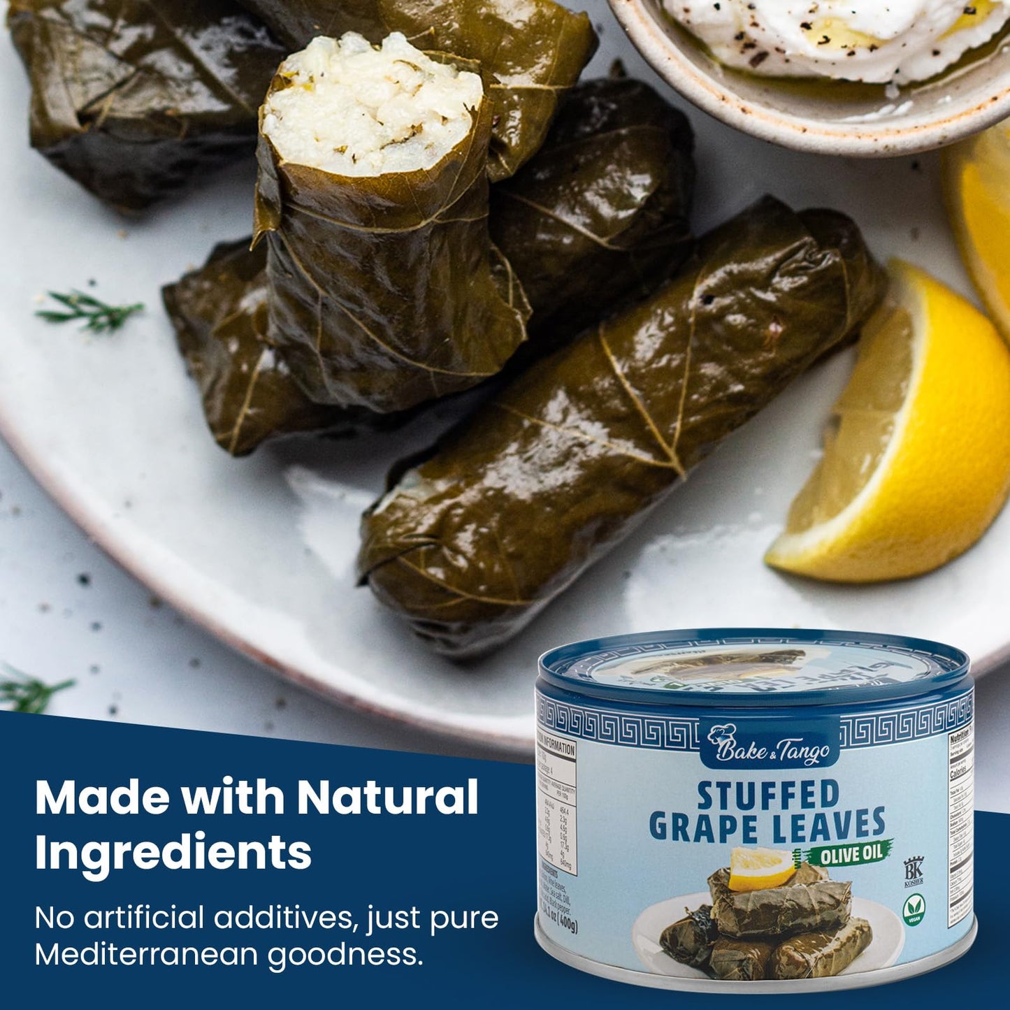 Bake and Tango - Stuffed Grape Leaves with Olive Oil, Kosher, Vegan, 14.1 oz (Pack of 3) | Gourmet Mediterranean Delight | Ready-to-Eat Vegan Snack
