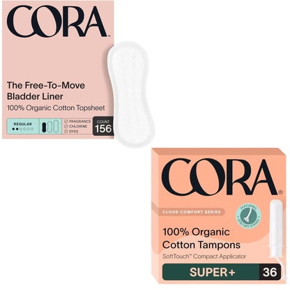 Cora Organic Feminine Care | 156 Regular Bladder Liners (Incontinence & Postpartum Pads) and 36S+ Applicator Tampon Multipack | Ultra-Absorbent, Unscented, Natural, Non-Toxic | Bundle Pack