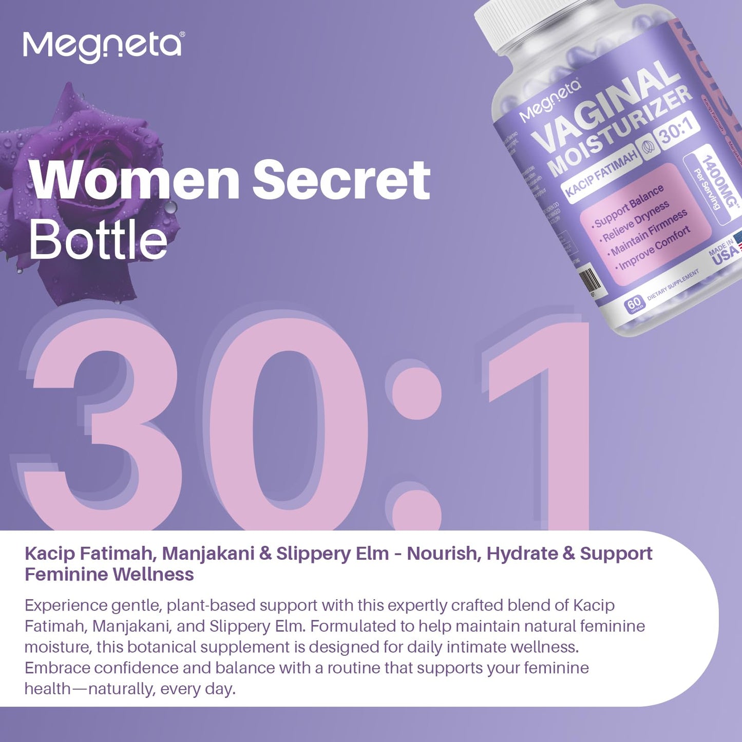 Vaginal Moisturizer, Kacip Fatimah 1,000mg & Manjakni 200mg for Female Intimate Health, Slippery Elm for Women, Vegan, 60 Capsules