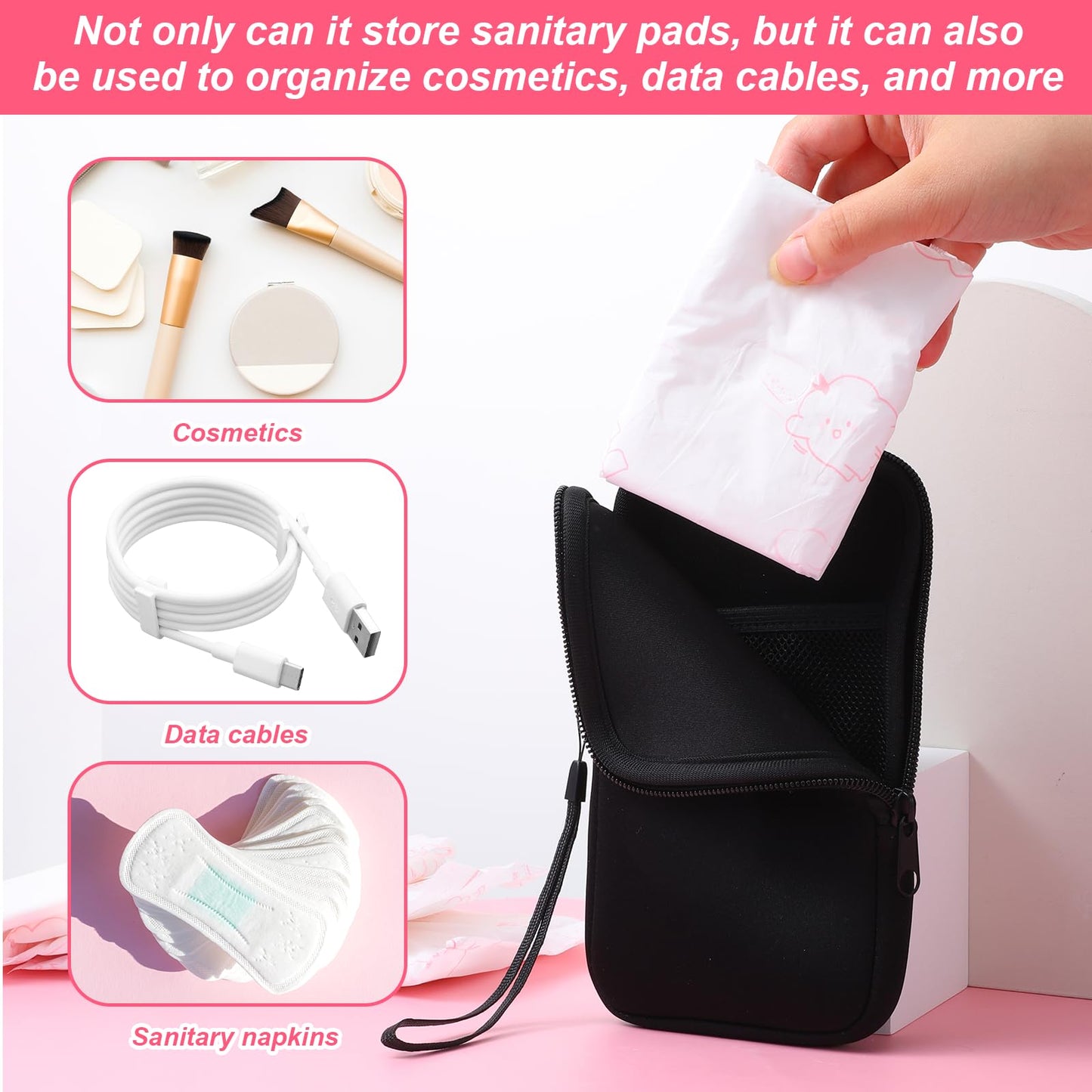 Thinp Tampon Holder for Purse, Small Period Travel Pouch Tampon Storage Bag with Zipper Portable Period Bag for Women, Ladies Small Tampons Organizer Pouch for Feminine Products (Black)