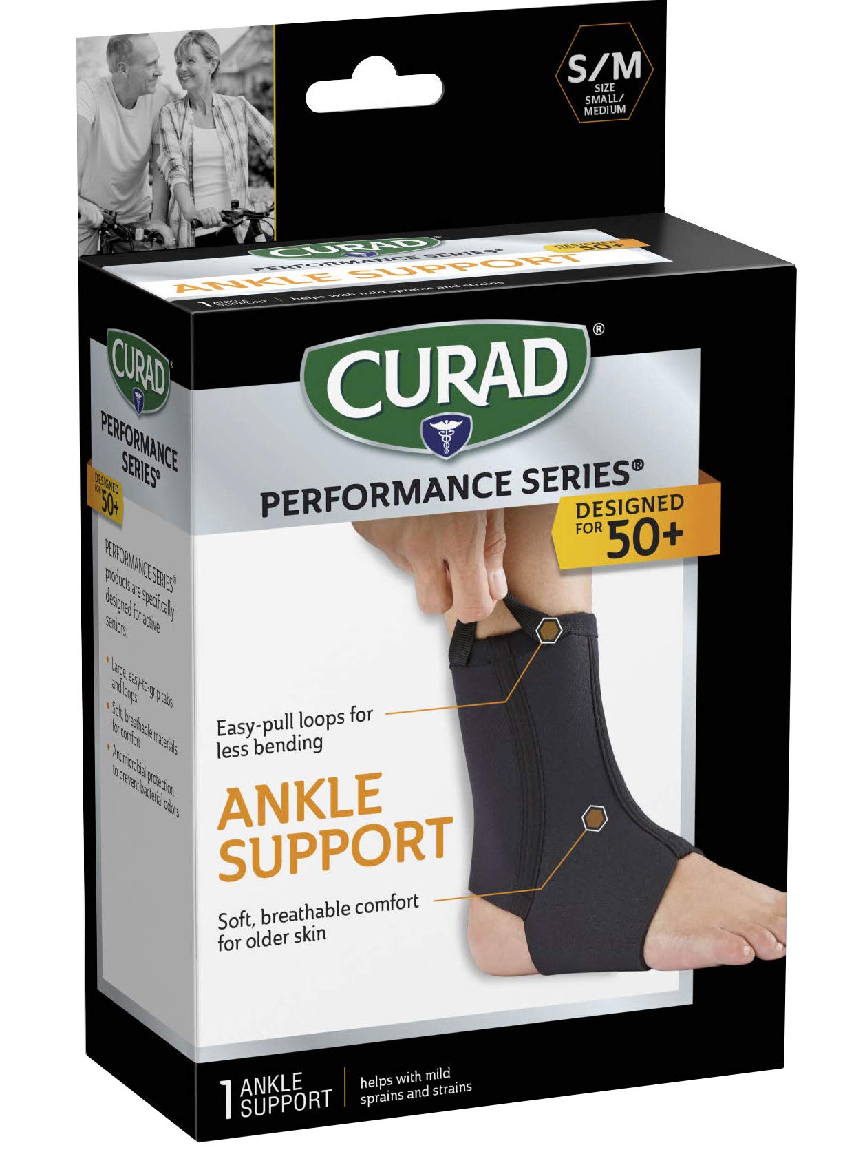 Curad CURSR27200MDH Performance Series Ankle Support Designed for Active Seniors 50+, Large Easy to Grip Tabs & Loops for Easier Application, Helps with Mild Sprains & Strains, Size S/M