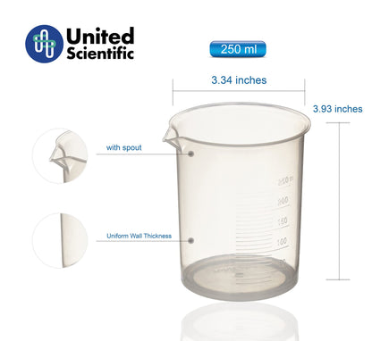 United Scientific™ BP0250 Plastic Beaker, 250mL (8oz) - Polypropylene Plastic - Molded Graduations, Tapered Spout - Pack of 6