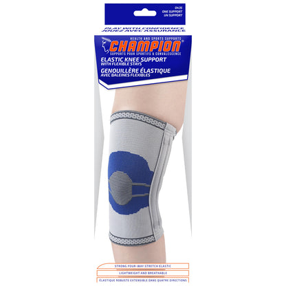 Champion Elastic Knee Support Compression Sleeve, with Flexible Stays, Gray (Side Stays), X-Large