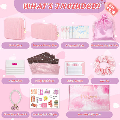 Desing Wish 22 PCS First Period Starter Kit Gift for Teen Girls Period Bags for Teen Tweens Girls with Corduroy Sanitary Pad Storage Bag, Wipes, Menstrual Tracker, Disposal Pouches and More (Pink)