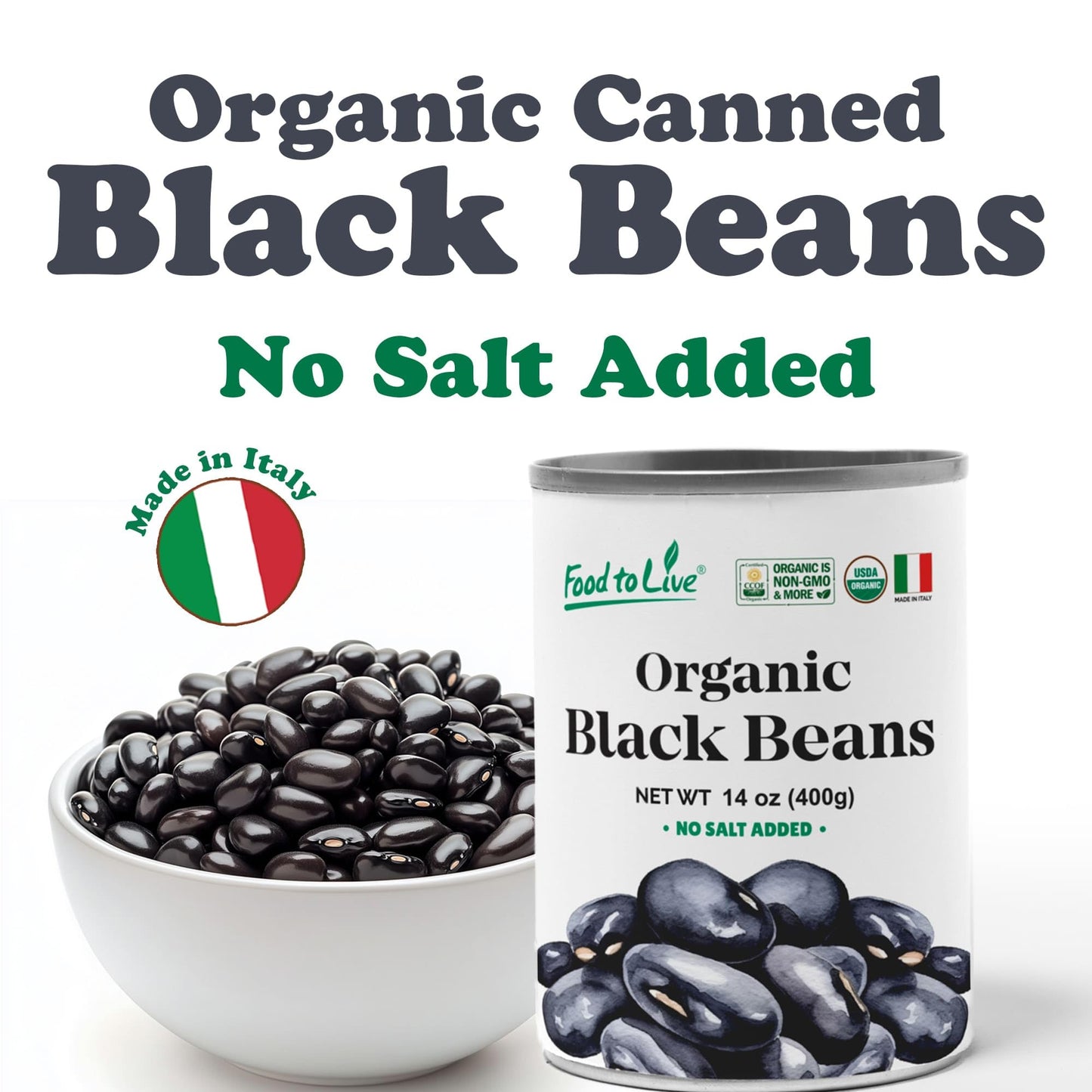 Food to Live Organic Canned Black Beans, 14 oz (Pack of 4) - Unsalted Non-GMO Frijoles Negro. Perfect for Salads, Soups, Stews. Vegan. Made in Italy