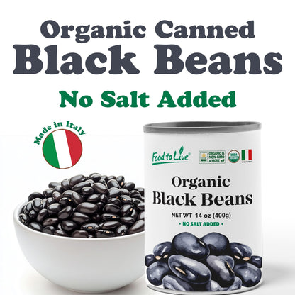 Food to Live Organic Canned Black Beans, 14 oz (Pack of 4) - Unsalted Non-GMO Frijoles Negro. Perfect for Salads, Soups, Stews. Vegan. Made in Italy