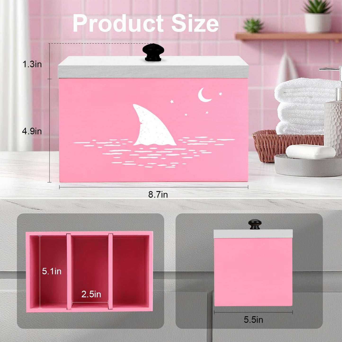Tampon Holder for Bathroom,Pink Feminine Product Organizer,Girl Stuff Box for Bathroom,Pad and Tampon Organizer for Bathroom,Pad Holder for Bathroom,Shark Week Bathroom Organizer,Bathroom Accessories
