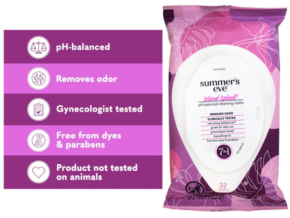 Summer's Eve Island Splash Refreshing Daily Feminine Wipes, Removes Odor, pH Balanced, 32 Count - 2 Pack