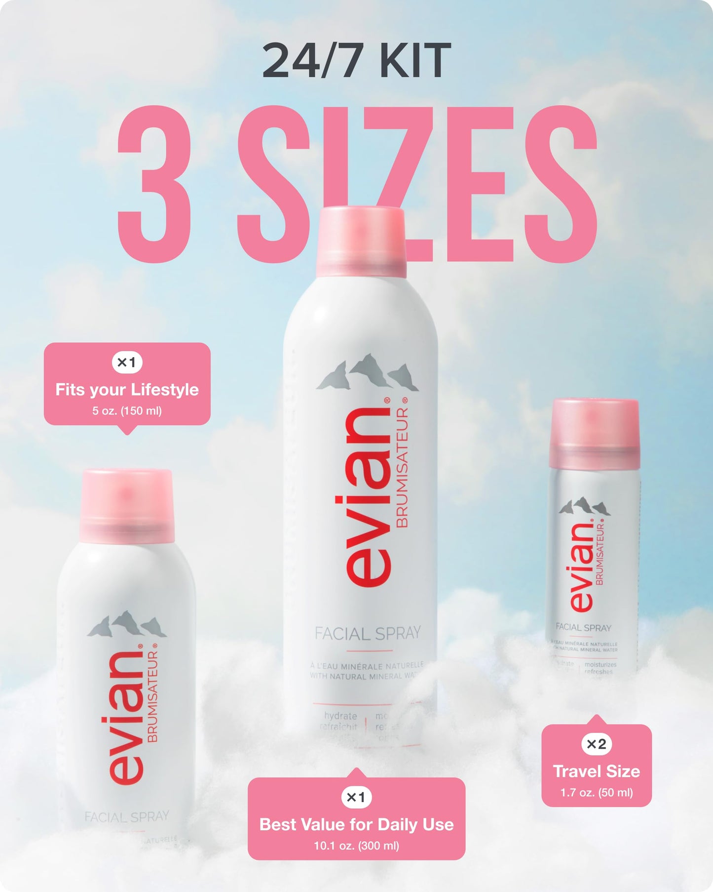 Evian Facial Spray 24/7 Kit - Hydrating Mineral Water Mist for Face & Skin - Refreshes Makeup, Sets, & Tones - Travel-Friendly Sizes for Daily Moisture Boost