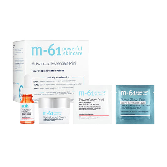 m-61 Advanced Essentials Mini Set | Four-step skincare routine with bestselling peels, vitamin C serum, and daily moisturizer.