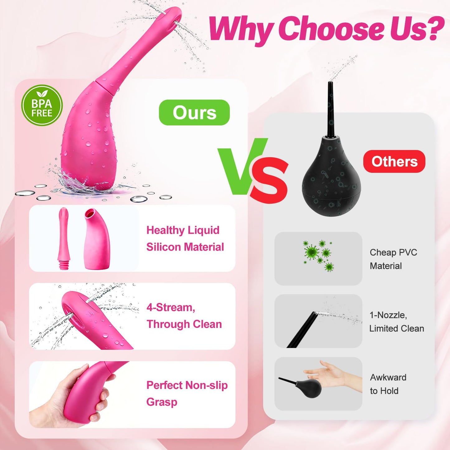 Anal Douche for Women Men, Comfortable Silicone Enema Bulb Reusable Leak-Proof Feminine Care Douche for Colon Cleansing Travel and Home Use (230ml Rose Red)