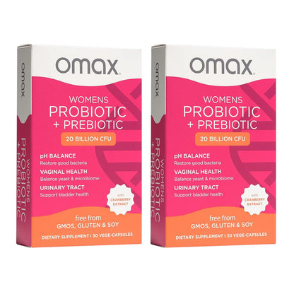 2 Pack Omax Prebiotics & Probiotics Complex for Women, pH Balance, Vaginal Health, Urinary Tract, Yeast, UTI/BV Prevention, Bloating pH 20 Billion CFU | Vegan, Organic, Gluten Free, 60 Vege-Capsules