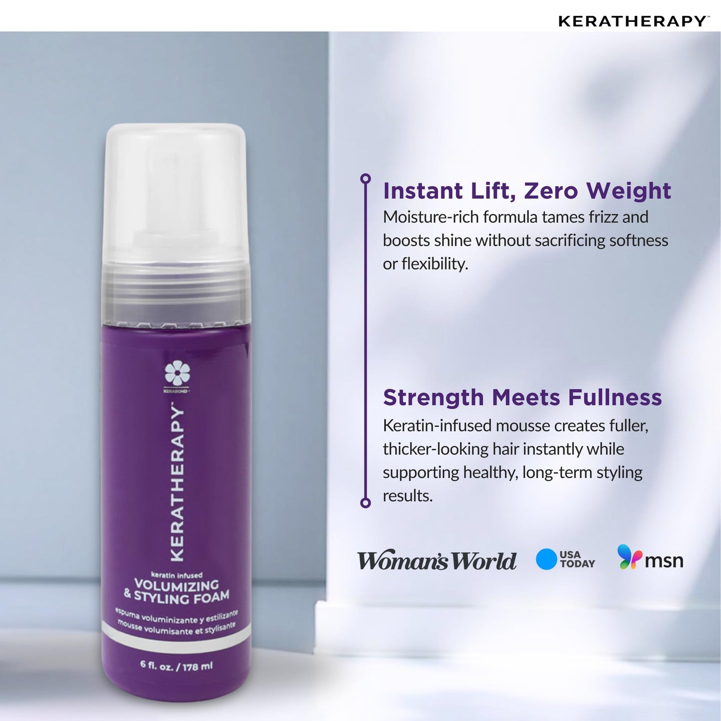 KERATHERAPY Keratin Infused Volumizing Nourishing Styling Foam, 6 fl. oz., 178 ml - Hair Styling Foam with Sunflower Oil, Linseed Oil, & Olive Fruit for Shine & Frizz Control - Volumizing Mousse