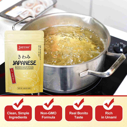 JAYUSS Dashi Powder Japanese Bonito Soup Stock 4.58 Oz Made with More Real Bonito Less Salt Non-GMO Perfect for Miso Soup Ramen Udon and Japanese Cooking 130g