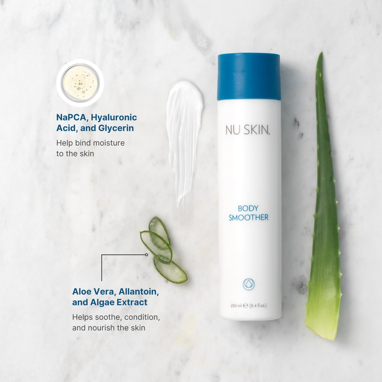 Nu Skin Body Smoother | Luxurious Moisture-Locking Body Lotion with Aloe Vera, Algae Extract, Vitamins A and E for Optimal Skin Nourishment and Hydration | Quick-Absorbing Formula | 8.4 Fl Oz | 1 Pack