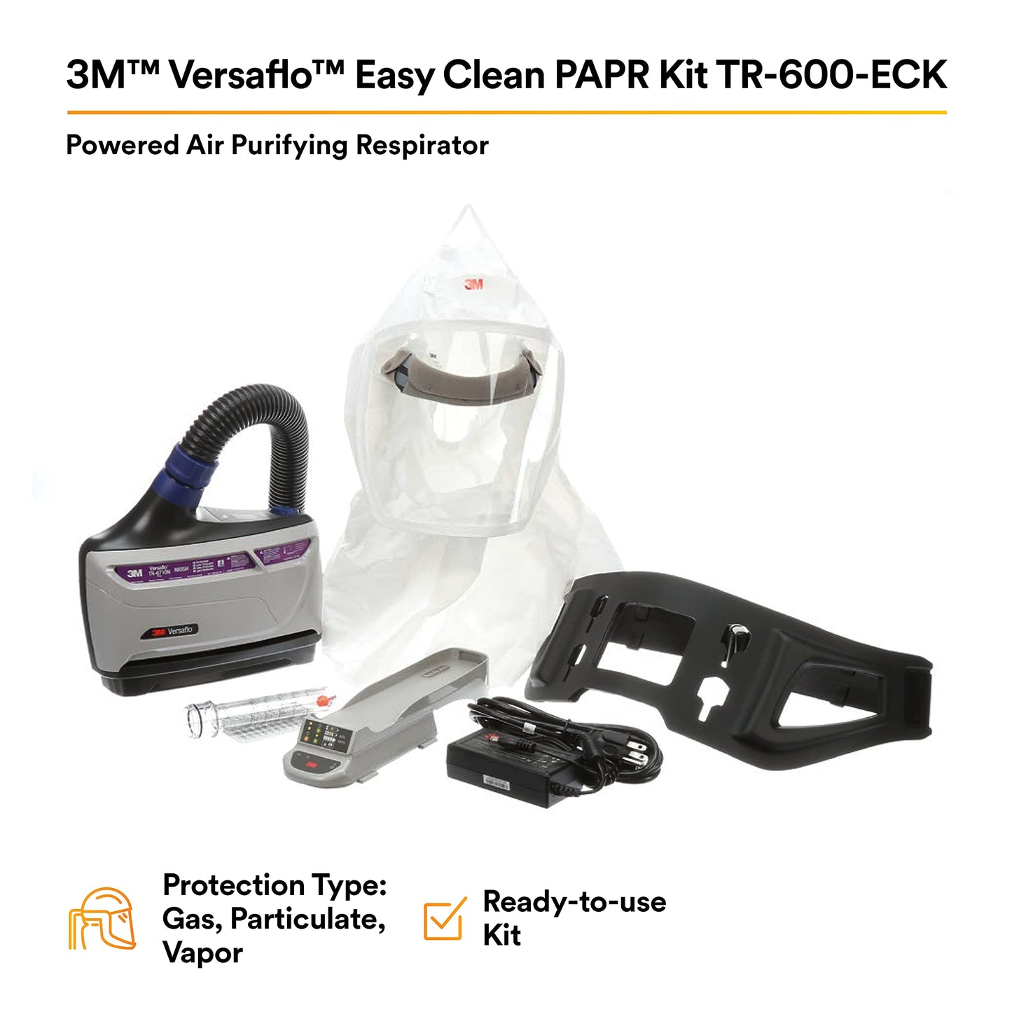 3M PAPR Respirator, Versaflo Powered Air Purifying Respirator Kit, TR-600-ECK, Easy Clean and Easy to Use, All-in-One Respiratory Protection, High Capacity Battery, Food Safety, Painting