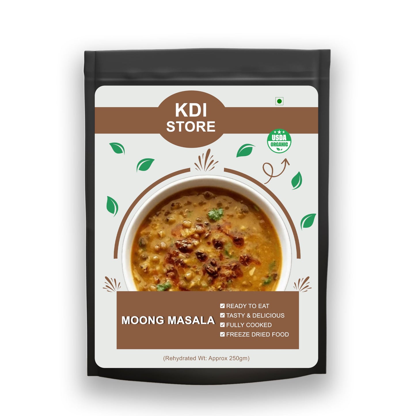 KDI Store Moong Masala, USDA Organic Ready to Eat Lentil Curry, Freeze Dried Indian Food, Fully Cooked,50gm