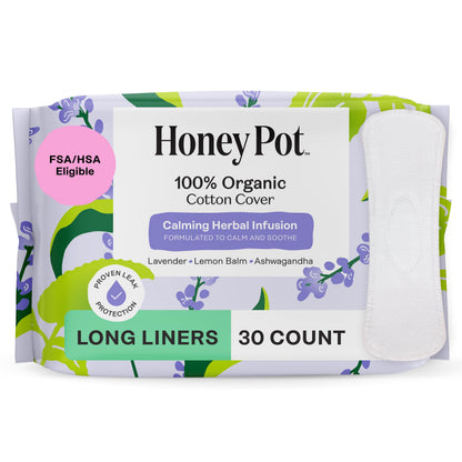 Honey Pot - Calming Long Panty Liners for Women - 100% Organic Cotton Top Sheet - Feminine Care - Non Cooling - Calming Herbs of Lavender, Ashwagandha, & Lemon Balm - 30ct
