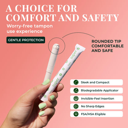 Tampon Tribe Super Plus Organic Tampons for Women | 72 Non-Toxic Tampons | Natural 100% Organic Cotton, Hypoallergenic, Metal and Chemical Free with Biodegradable Applicator | (72 Count - Super +)