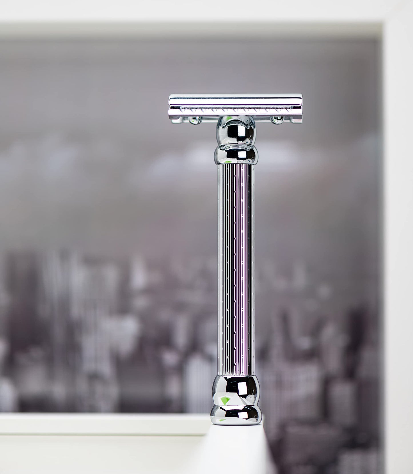 MERKUR 47C Double Edge Safety Razor – Long Handle Three-Piece Straight Cut Razor, Bright Chrome Finish, Engine-Turned Grip, Smooth Shave, Designed & Made in Germany