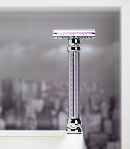 MERKUR 47C Double Edge Safety Razor – Long Handle Three-Piece Straight Cut Razor, Bright Chrome Finish, Engine-Turned Grip, Smooth Shave, Designed & Made in Germany