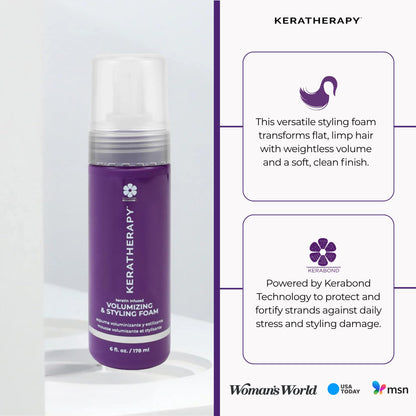 KERATHERAPY Keratin Infused Volumizing Nourishing Styling Foam, 6 fl. oz., 178 ml - Hair Styling Foam with Sunflower Oil, Linseed Oil, & Olive Fruit for Shine & Frizz Control - Volumizing Mousse